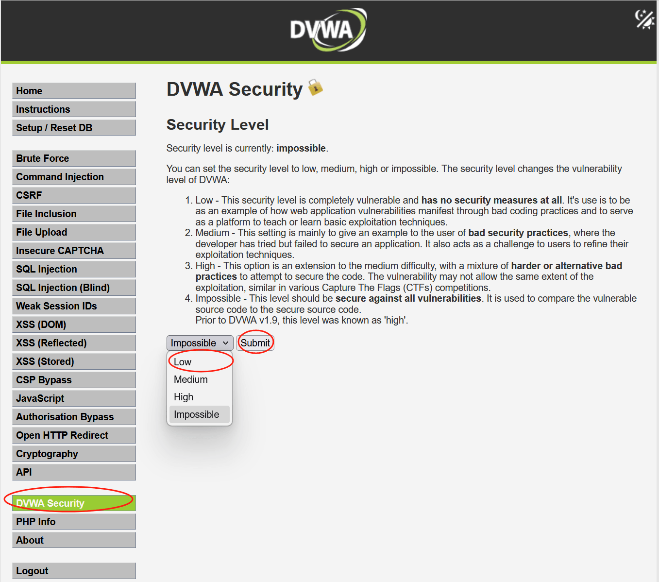 Setting Security Level to Low